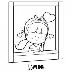 Desenho de menina apaixonada na janela
