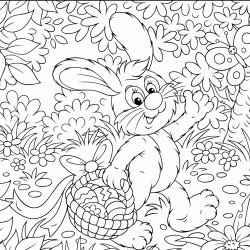 Desenho de coelho com ovos de Páscoa para colorir