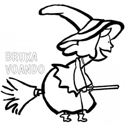 Desenho de Bruxa voando na vassoura para colorir
