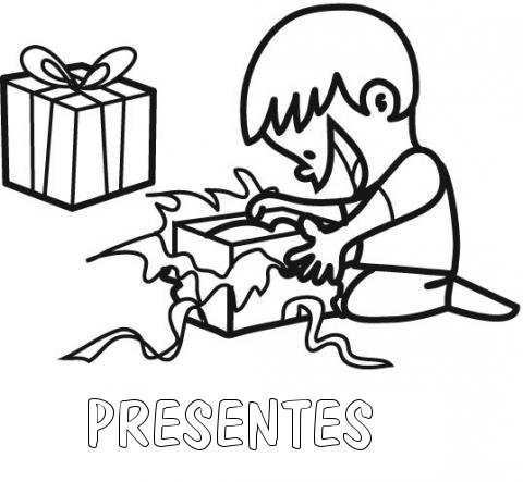Desenho para pintar de criança abrindo um presente