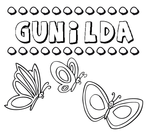 Desenho do nome Gunilda para imprimir e pintar. Imagens de nomes